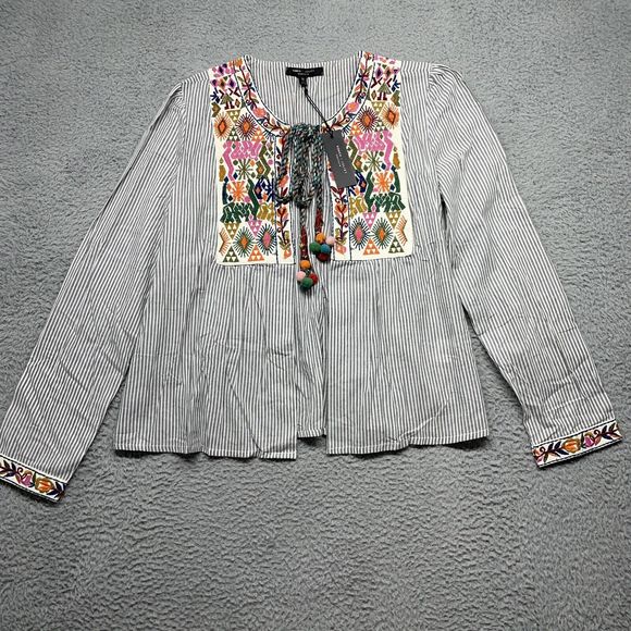 Boho Blouse Womens Medium Blue Striped Embroidery Open Front Top Farmhouse NWT - Picture 8 of 15